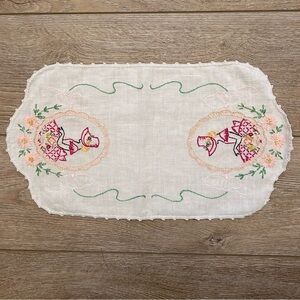 Vintage Hand-Embroidered Table Runner or Dresser Scarf Girl with Flowers